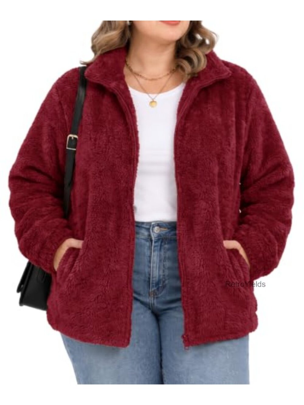 Plus Size Fuzzy Fleece Jacket Full Zip Sherpa Coat with Pockets
